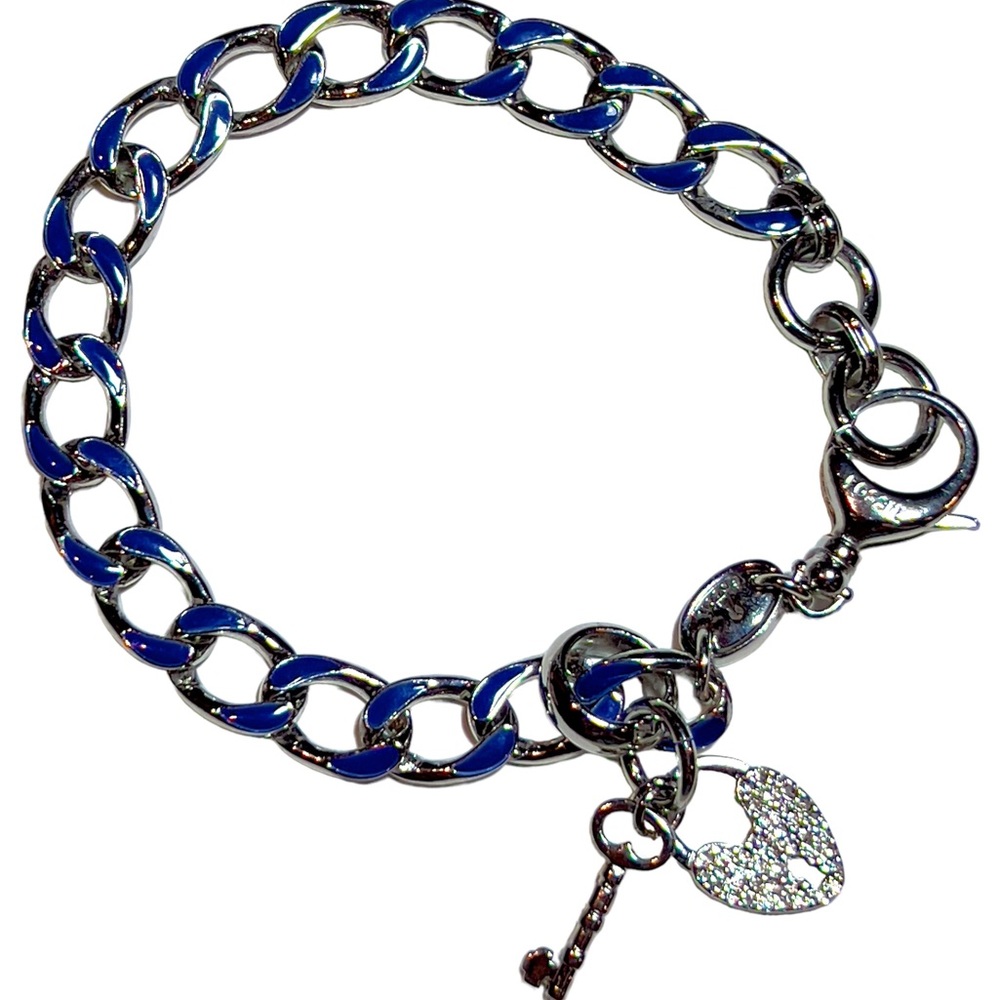 FOSSIL Bracelet Silver tone & Blue Curb Chain Crystal Heart Keyhole & Key Charms - Picture 2 of 4